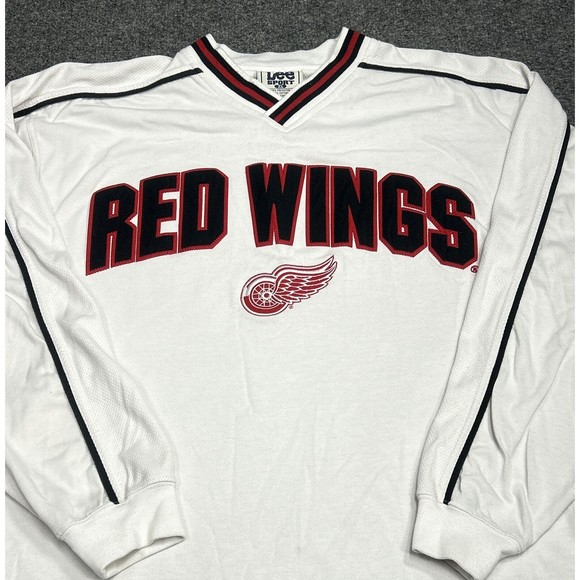 Vintage Lee Sport NHL Detroit Red Wings White V-Neck Spellout Sweatshirt Size XL - Picture 2 of 10